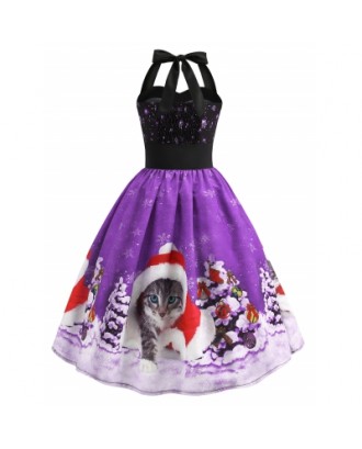Christmas Hat Cat Print Dress