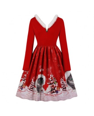 V-neck Christmas Print Vintage Dress for Women