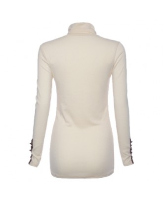 Turtle Neck Solid Color Bead Splicing Long Sleeve Sweater