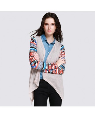 Open Front Collarless Printed Asymmetric Cardigan