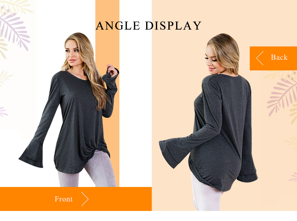 Round Collar Long Bell Sleeve Solid Color Asymmetric Loose Women T-shirt